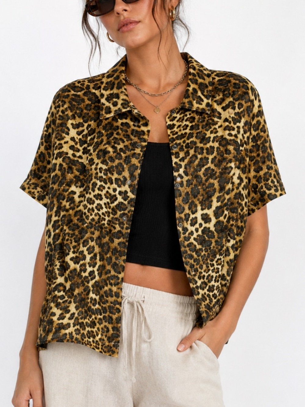 Vintage 90s Hot Cotton 100% Linen Snap Button Boxy Camp Shirt Leopard Print | LP